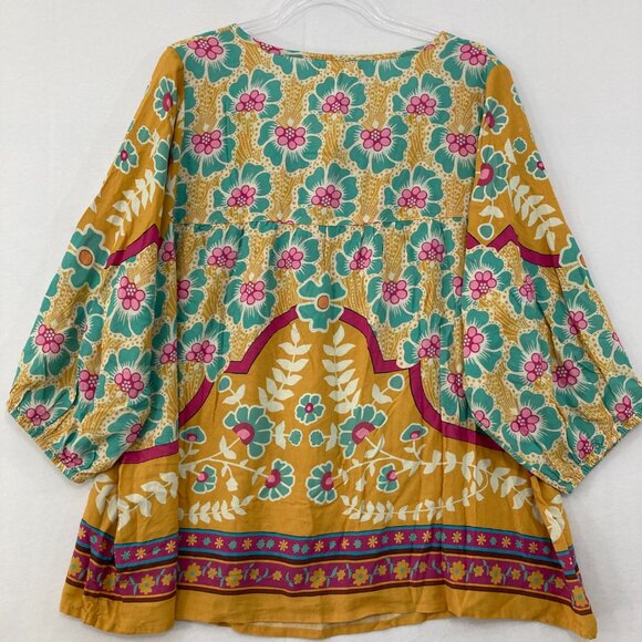 Natural Life size XL Colorful Floral Boho Festival Puff Sleeve Tie Front Blouse - Picture 8 of 9